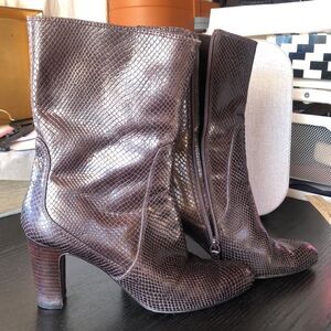 Cole Haan mid calf leather boot  lizard skin snakeskin pattern dark brown 8